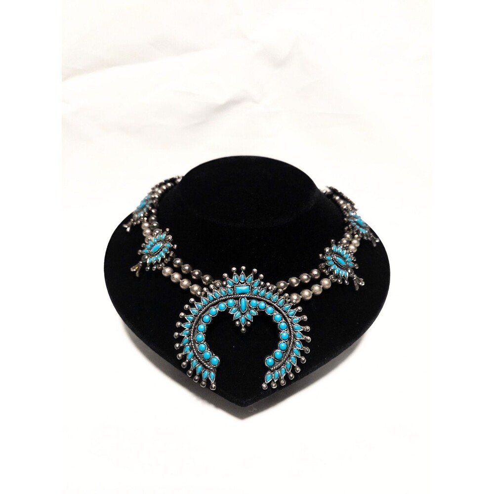Southwestern Style Turquoise Color Squash Blossom Necklace Silver Tone